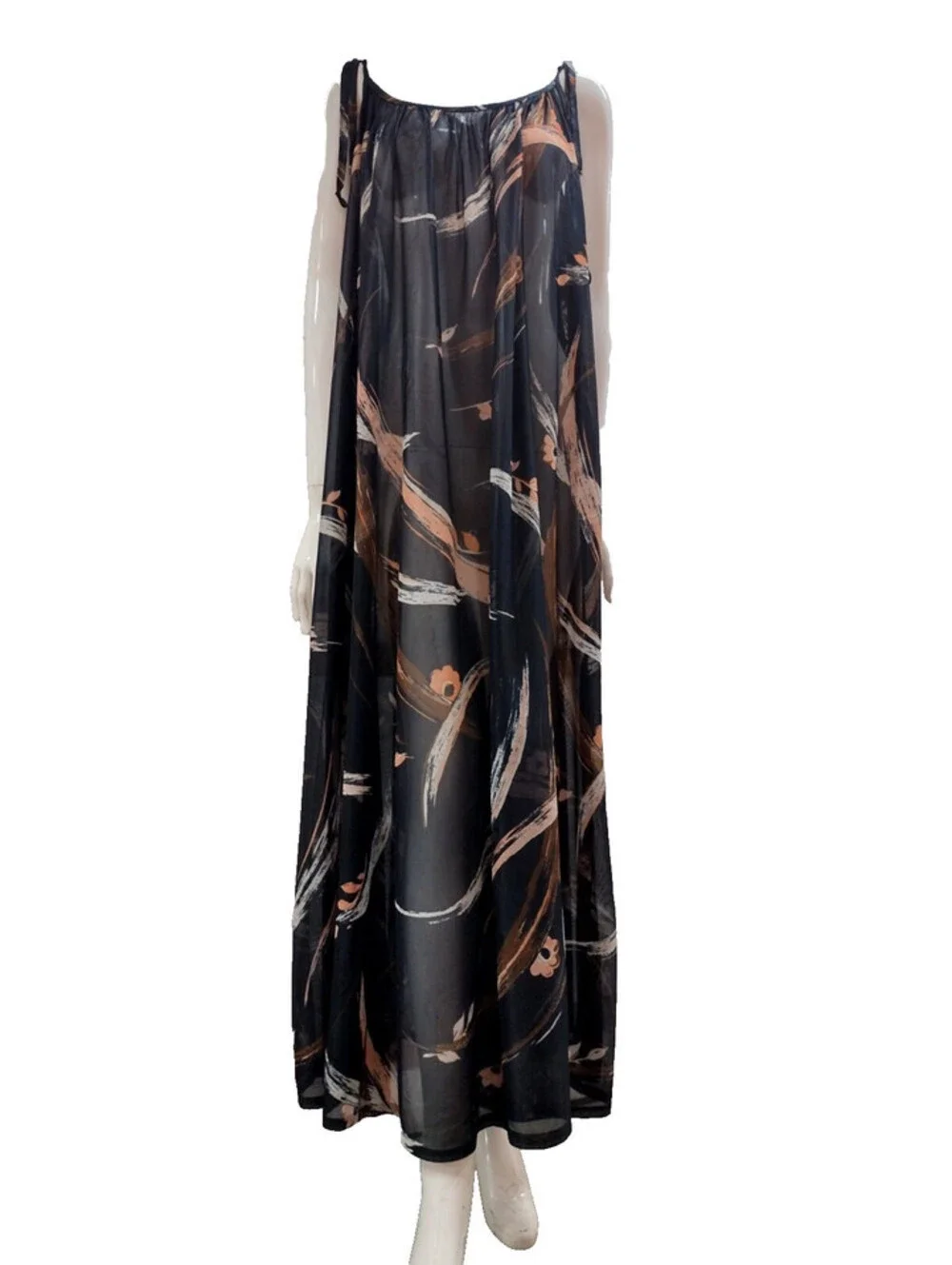 Vintage 1970s Maxi A-Line Swing Sheer Dress Size L/XL Black Sheer Nylon Pastels